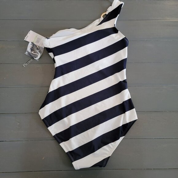 NWT Michael Kors Women's Navy Striped One Shoulder One-Piece Swimsuit Size 8 - Picture 5 of 9